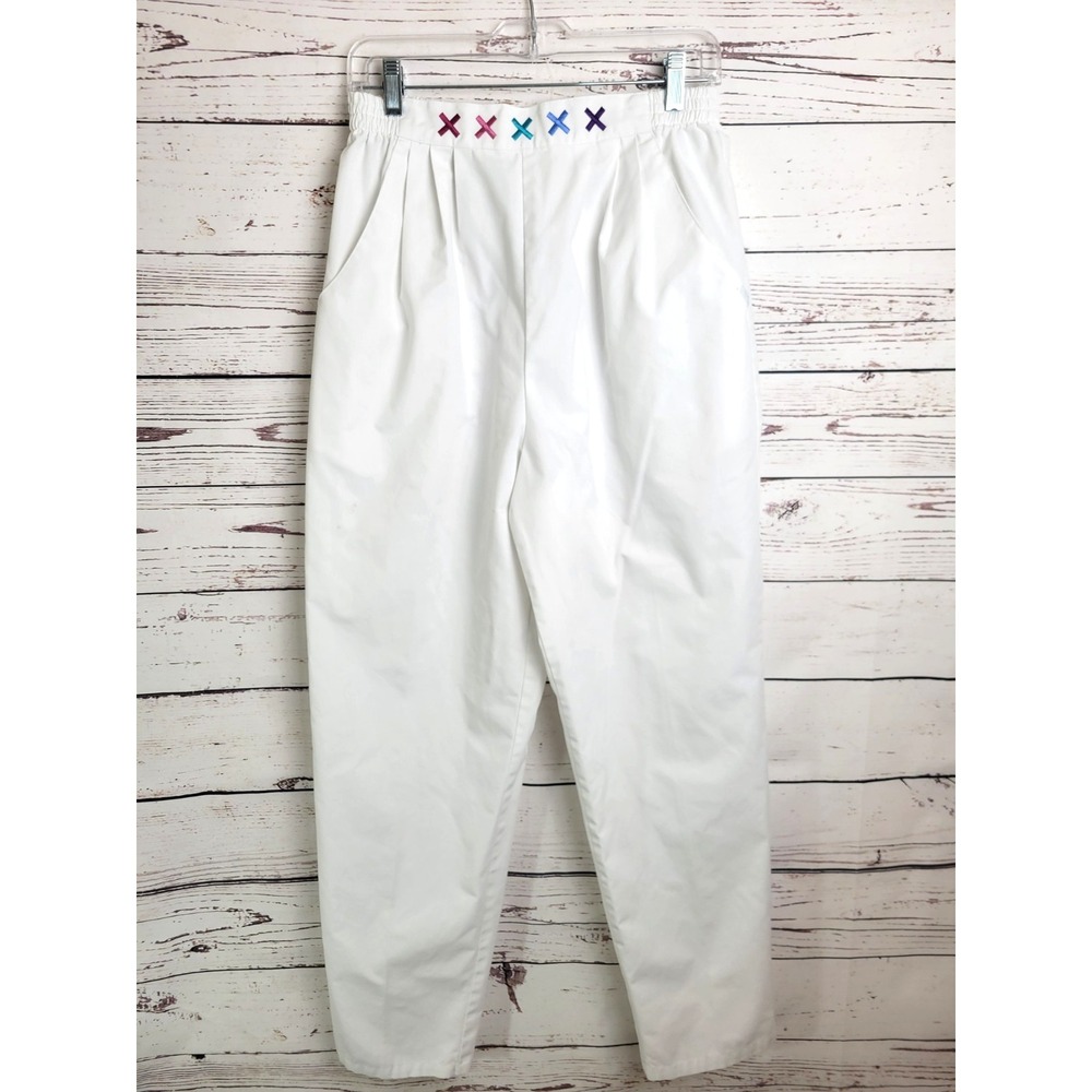 Vtg 80s Embroidered Scrub Pants Retro Nurse Uniform Drawstring Women's size 12